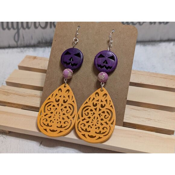 Purple Jack-O'-Lantern and Yellow Wood Filigree Earrings: - Picture 2 of 5